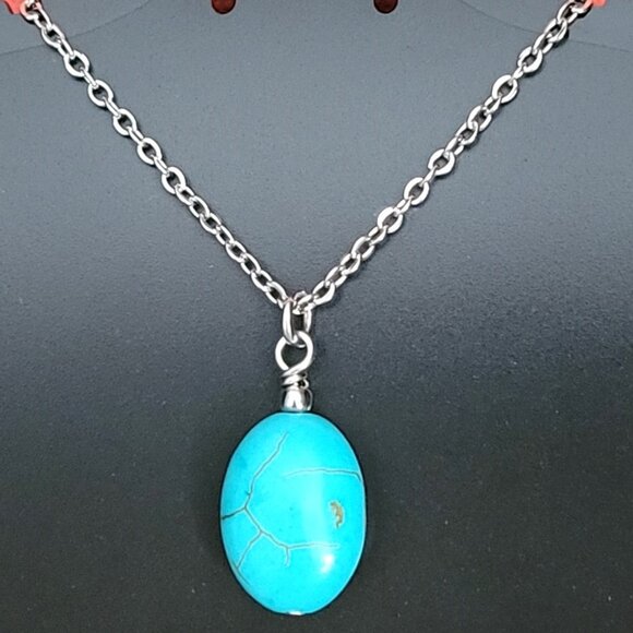 TURQUOISE HOWLITE Stainless Steel Gemstone Chain Necklace 18" Earrings SET - Picture 8 of 9